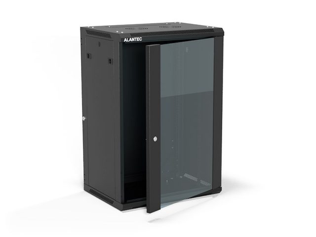 Szafa wisząca 19" 18U 600x450, (opcja dwusekcyjna) drzwi szklane jednoskrzydłowe, tył osłona pełna demontowalna, osłony boczne pełne demontowalne zamykane na klucz, 4 belki, kolor czarny, ALANTEC