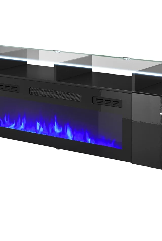 RTV Cabinet ROVA With Electric Fireplace 190x37x48 Cm Black/Black Gloss