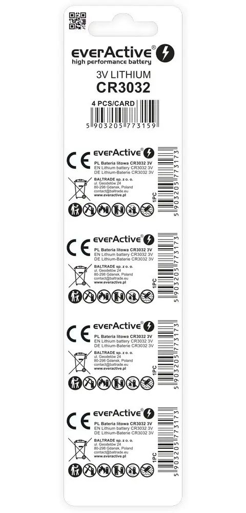 Lithium Battery Mini EverActive CR3032 - Blister 4 Pcs.