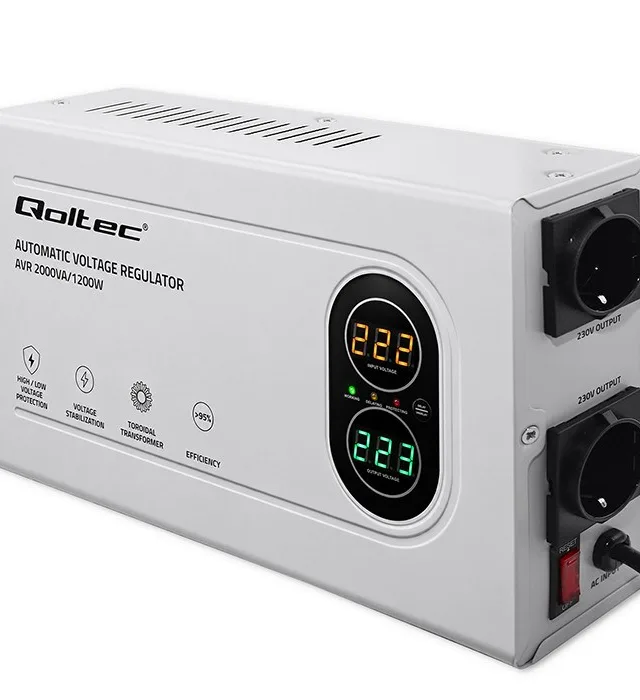 Qoltec Automatyczny Stabilizator napięcia AVR 2000VA | 1200W | Compact | Toroidalny transformator