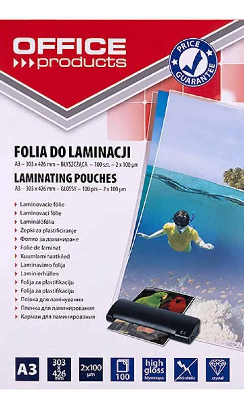 OFFICE PRODUCTS Laminating Film A3 2x100 Microns Glossy 100 Sheets Transparent