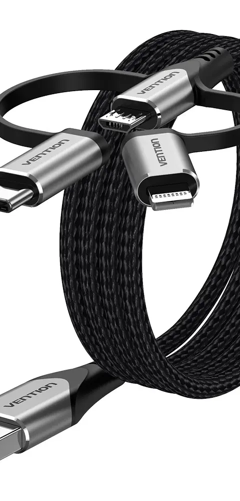 Vention USB 2.0 A Male To 3-In-1 Micro-B USB-C Lightning Male Cable 1M Gray Aluminum Alloy Type