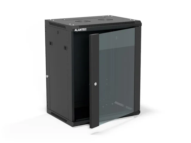 Szafa wisząca 19" 15U 600x450, (opcja dwusekcyjna) drzwi szklane jednoskrzydłowe, tył osłona pełna demontowalna, osłony boczne pełne demontowalne zamykane na klucz, 4 belki, kolor czarny, ALANTEC