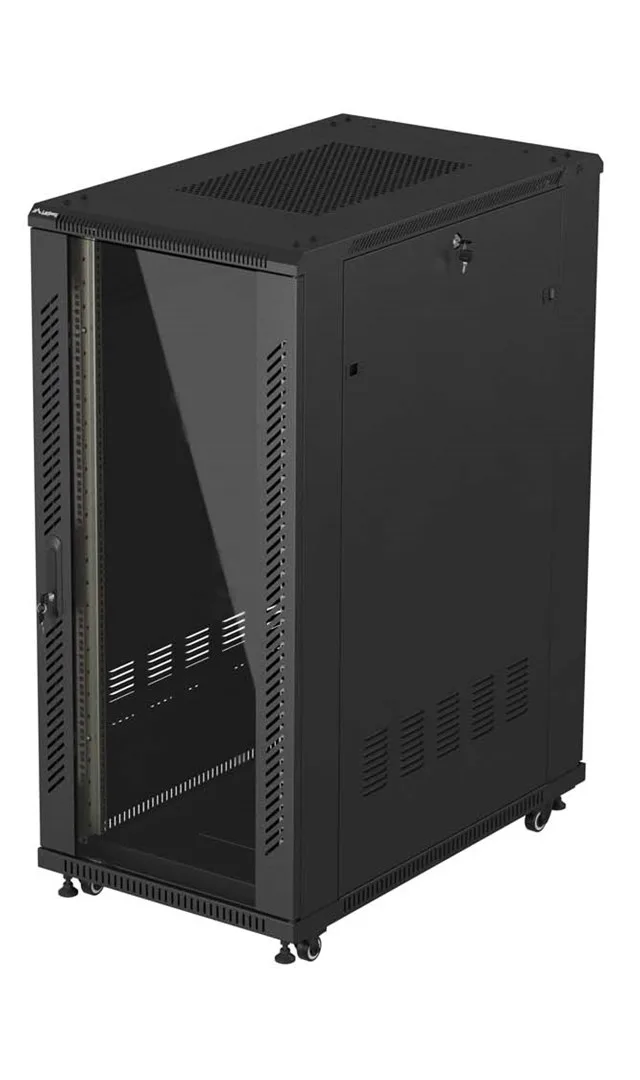 19" 27U 600 × 1000 BLACK FLOOR-STANDING RACK CABINET WITH GLASS DOOR, LANBERG (FLAT PACK)