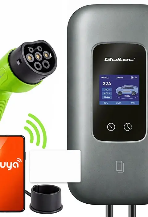 Qoltec Stacja łAdowania EV Typ2 Do Samochodu Elektrycznego I Hybryd 3 Fazy 22kW 32A Wi-Fi LCD RFID Smart Life TUYA Wallbox 5m