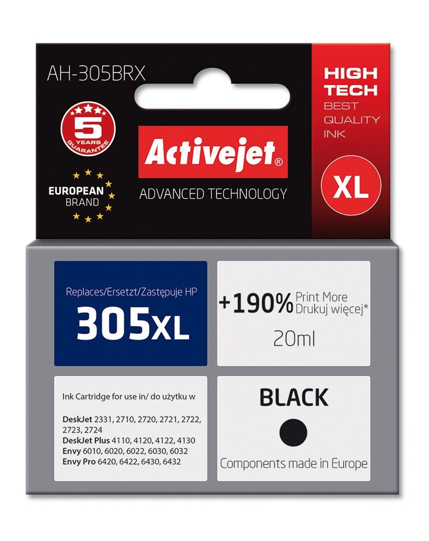 Activejet AH-305BRX ink (replacement for HP 305XL 3YM62AE; Premium; 20 ml; black)