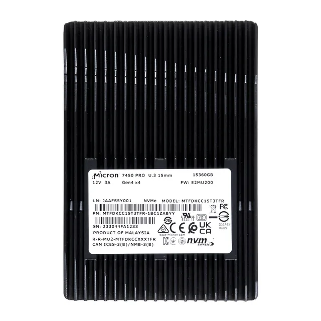 TB Micron 7450 PRO Read Intensive MTFDKCC15T3TFR-1BC1ZABYYR 1 DWPD 63,5mm U.3 PCIe 4.0 X4 (NVMe) 256bit AES Retailware 2,5" 15.36