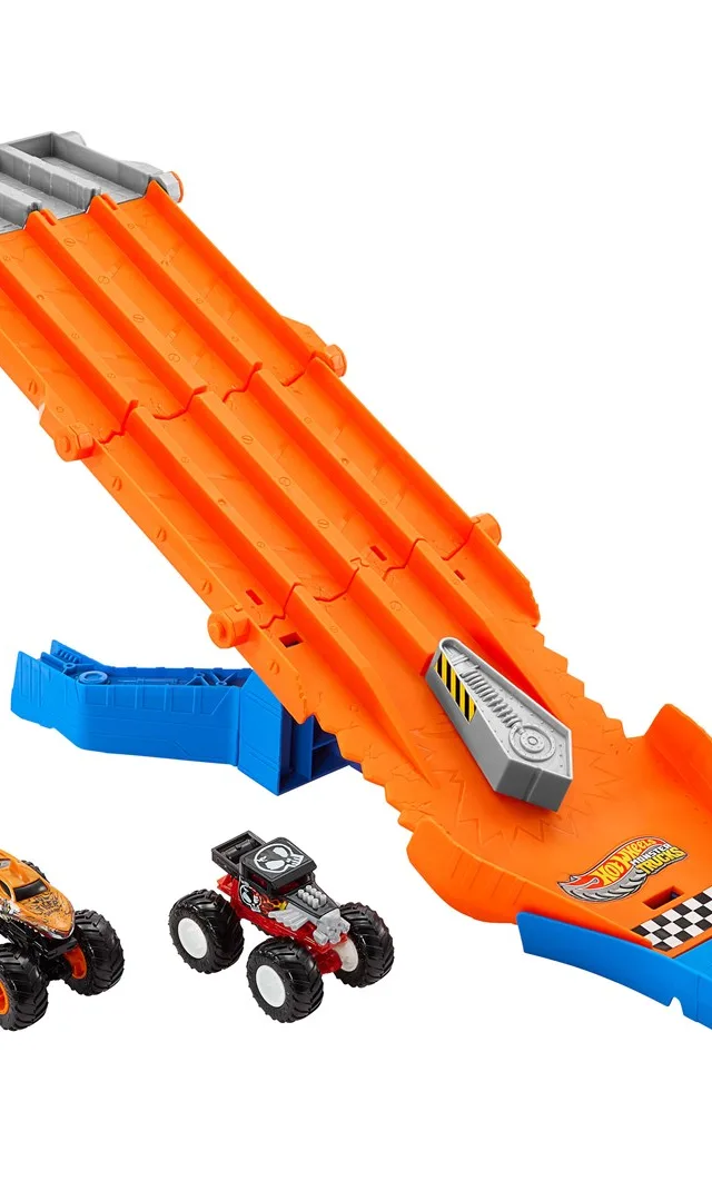 Hot Wheels Monster Trucks Sharks vs. Dinos Racedown Destruction Track Set & 2 1:64 Scale Toy Trucks