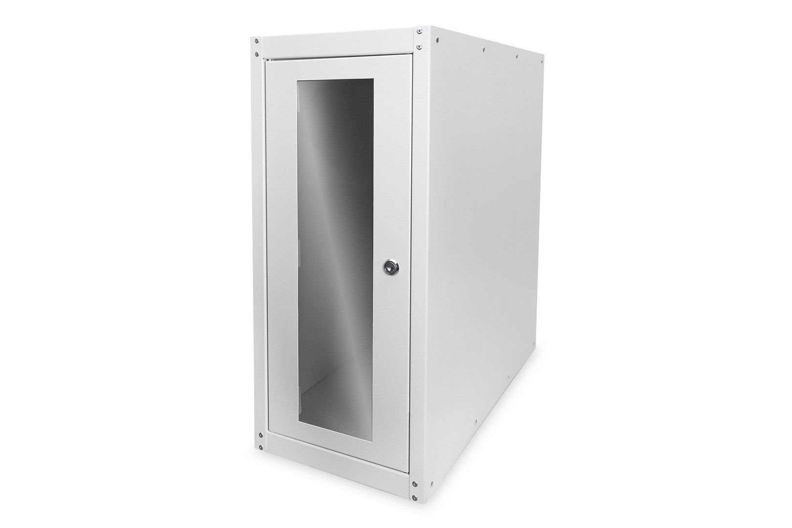 Computer housing with glass door, rolling, lockable, with ventilation slits