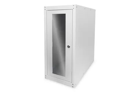 Computer housing with glass door, rolling, lockable, with ventilation slits