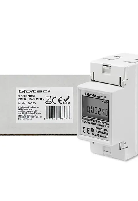 Qoltec 50899 Single Phase Electronic Energy Consumption Meter 230 V LCD 2P DIN Rail