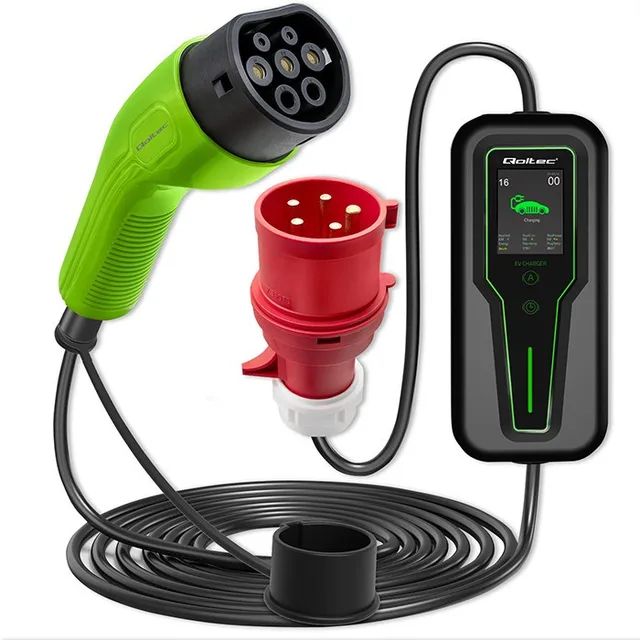 Qoltec Mobile EV Car Charger Adjustable 2in1 Type2 11kW 3 Phases CEE 5 PIN LCD Portable Wallbox 5m