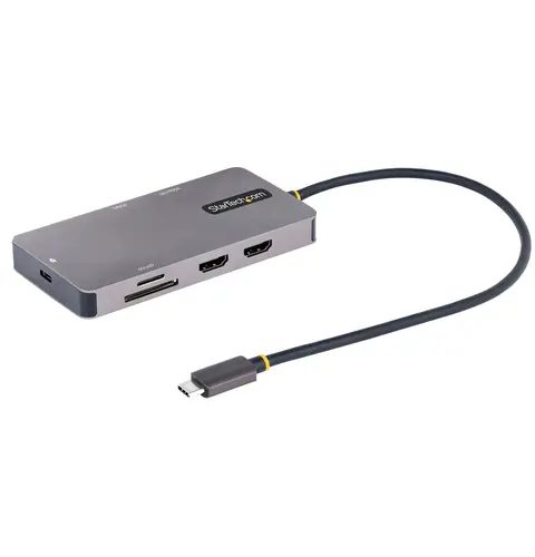 StarTech.com USB C Multiport Adapter, Dual HDMI Video, 4K 60Hz, 2Pt 5Gbps USB-A Hub, 100W Power Delivery Pass-Through/GbE/SD/MicroSD, 12"/30cm Cable, Travel Dock, Laptop Docking Station