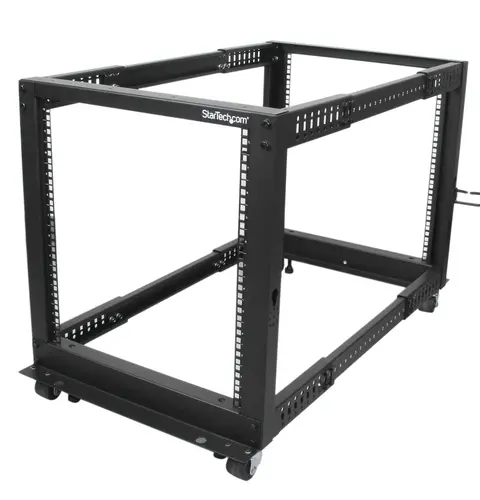 StarTech.com 4-Post 12U Mobile Open Frame Server Rack, Four Post 19" Network Rack with Wheels, Rolling Rack with Adjustable Depth for Computer/AV/Data/IT Equipment - Casters, Leveling Feet or Floor Mounting
