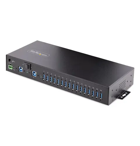 StarTech.com 16-Port Industrial USB 3.0 Hub 5Gbps, Metal, DIN/Surface/Rack Mountable, ESD Protection, Terminal Block Power, up to 120W Shared USB Charging, Dual-Host Hub/Switch