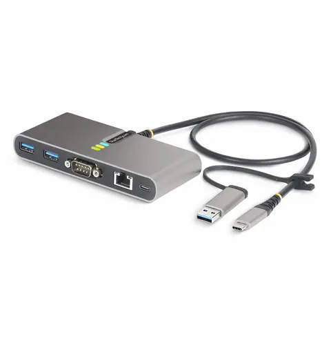 StarTech.com 2-Port USB-C Hub with Ethernet and RS-232, Attached USB-C to USB-A Dongle, 100W PD Pass-Through, 2x USB-A 5Gbps, Gigabit Ethernet, RS232 Serial (FTDI)