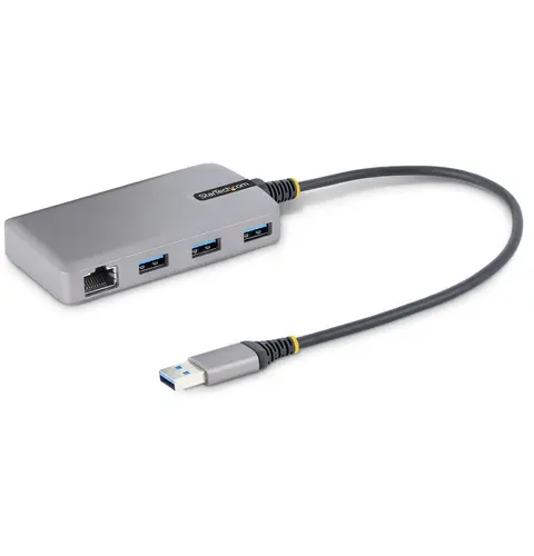 StarTech.com 3-Port USB Hub with Ethernet - 3x USB-A Ports - Gigabit Ethernet (RJ-45) - USB 3.0 5Gbps - Bus-Powered - 1ft/30cm Long Cable - Portable Laptop USB Hub Adapter w/ GbE