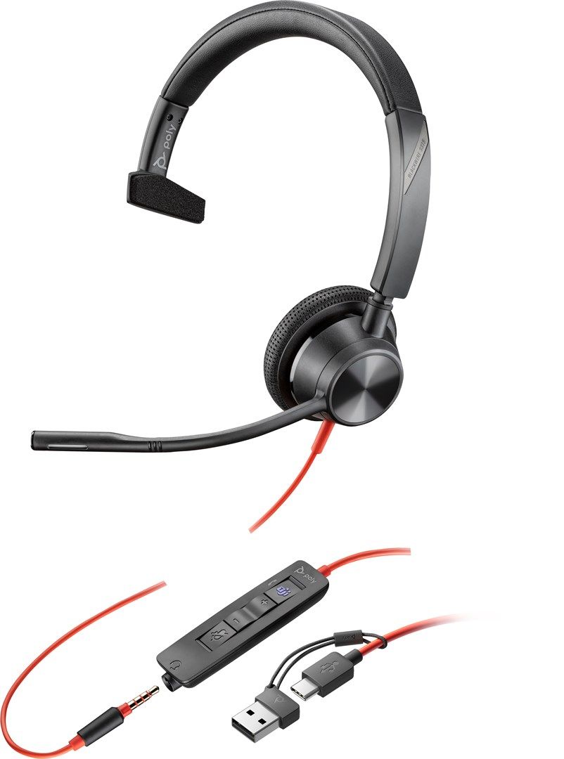 HP Poly Blackwire 3315 Monaural Microsoft Teams Certified USB-C Headset +3.5mm Plug +USB-C/A Adapter