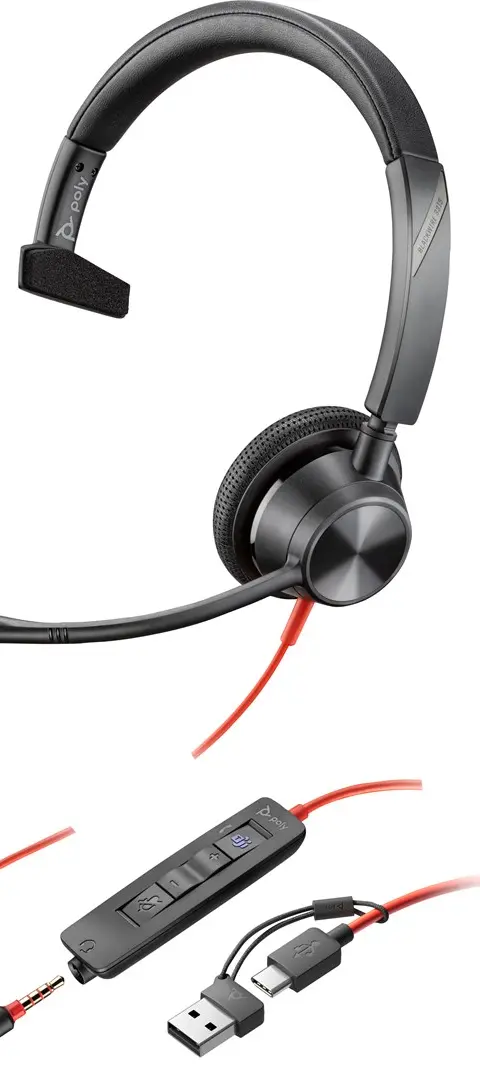 HP Poly Blackwire 3315 Monaural Microsoft Teams Certified USB-C Headset +3.5mm Plug +USB-C/A Adapter