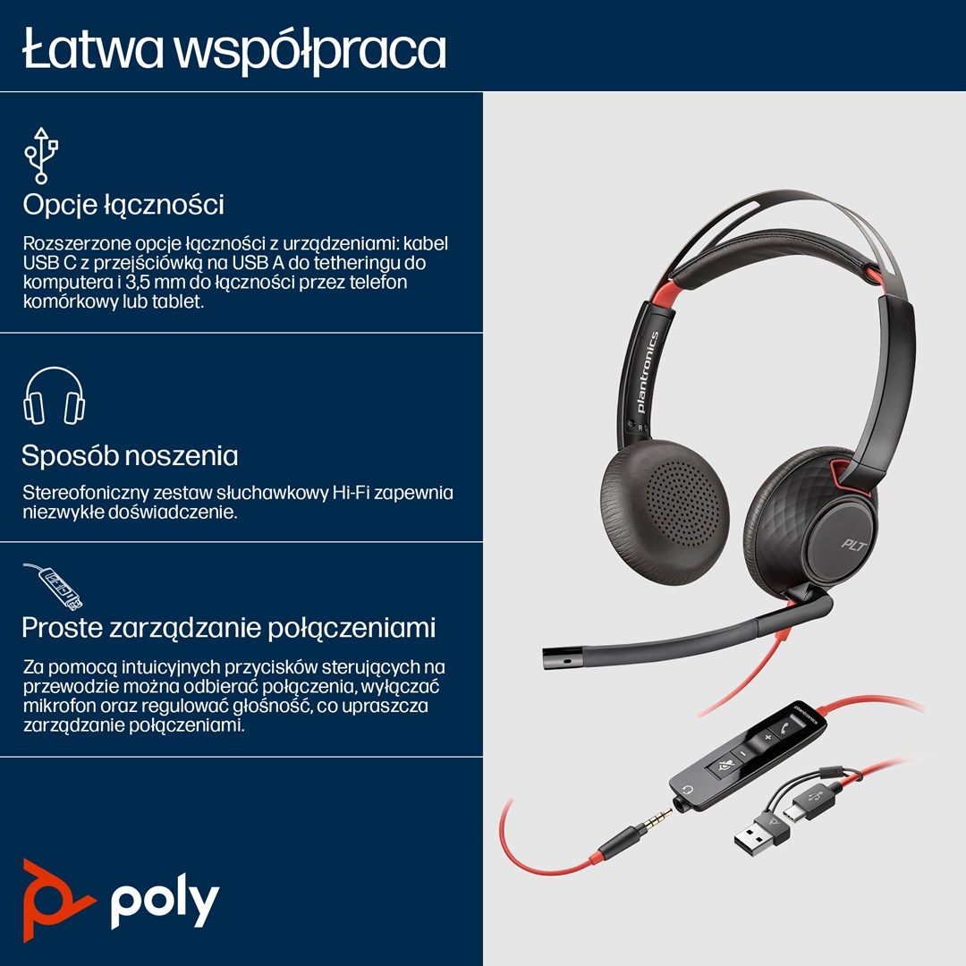 HP Poly Blackwire 5220 Stereo USB-C Headset +3.5mm Plug +USB-C/A Adapter