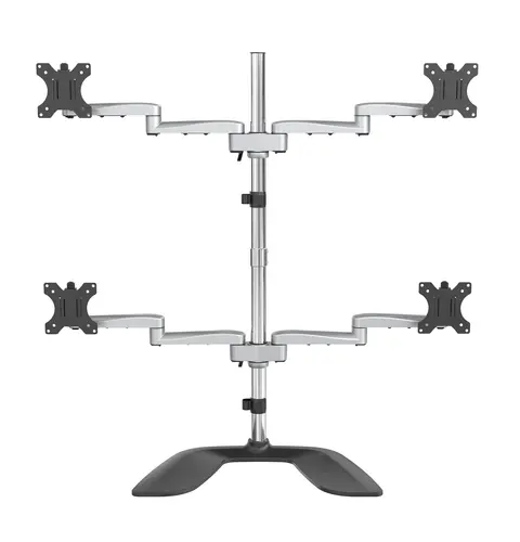 StarTech.com Desktop Quad Monitor Stand - Ergonomic VESA 4 Monitor Arm (2x2) up to 32" - Free Standing Articulating Universal Pole Mount - Height Adjustable/Tilt/Swivel/Rotate - Silver