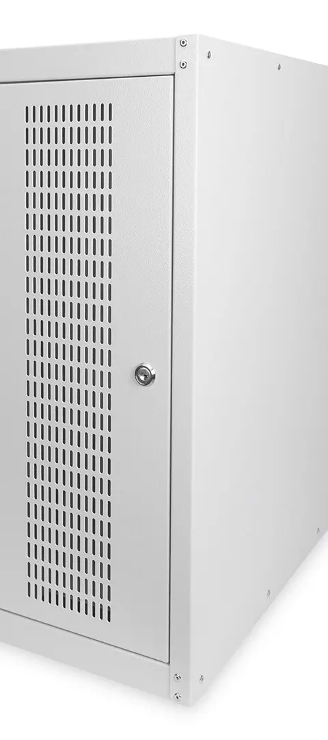 Computer housing with glass door, rolling, lockable, with ventilation slits
