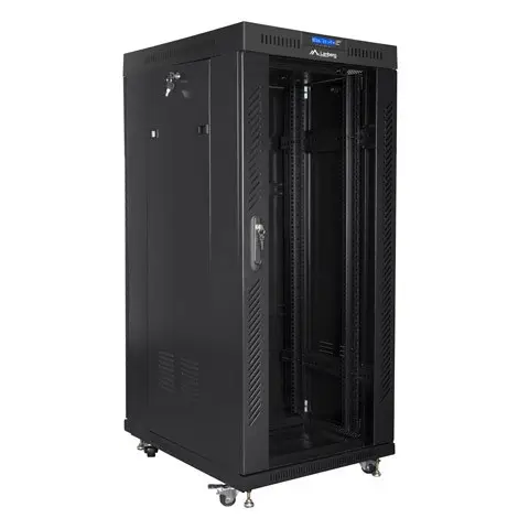 Lanberg free standing rack 19inch cabinet 27U 600x600 glass door LCD flat pack black Freestanding rack