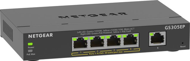 NETGEAR 5-Port Gigabit Ethernet PoE+ Plus Switch (GS305EP) Managed L2/L3 Gigabit Ethernet (10/100/1000) Power over Ethernet (PoE) Black