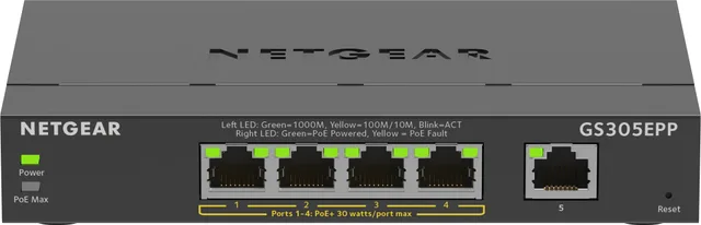 NETGEAR 5-Port Gigabit Ethernet High-Power PoE+ Plus Switch (GS305EPP) Managed L2/L3 Gigabit Ethernet (10/100/1000) Power over Ethernet (PoE) Black