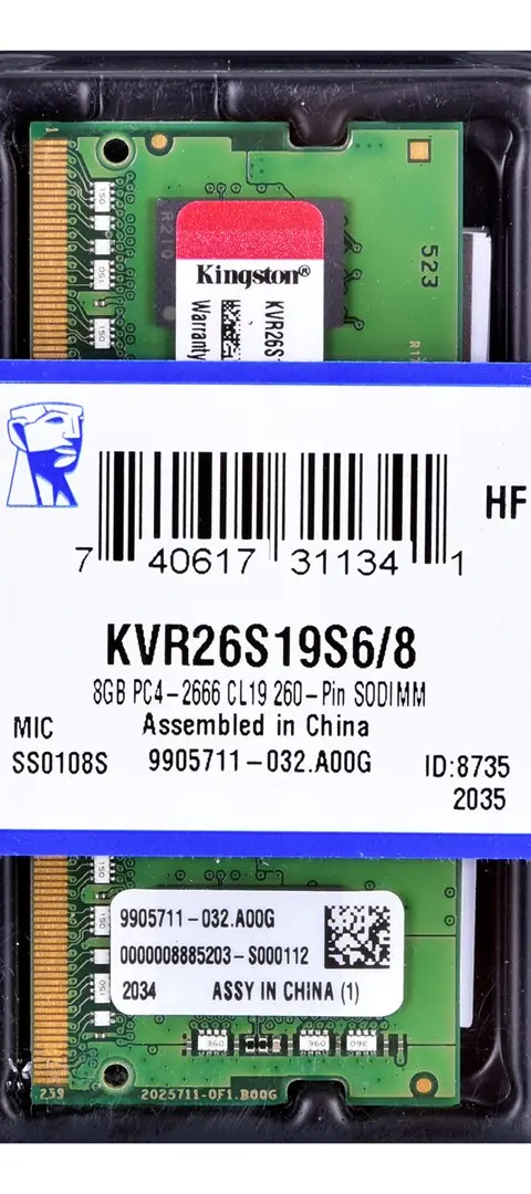 Kingston Technology KVR26S19S6/8 memory module 8 GB 1 x 8 GB DDR4 2666 MT/s 260-pin SO-DIMM