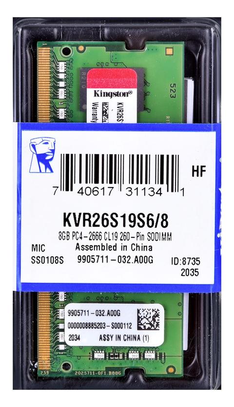 Kingston Technology KVR26S19S6/8 memory module 8 GB 1 x 8 GB DDR4 2666 MT/s 260-pin SO-DIMM