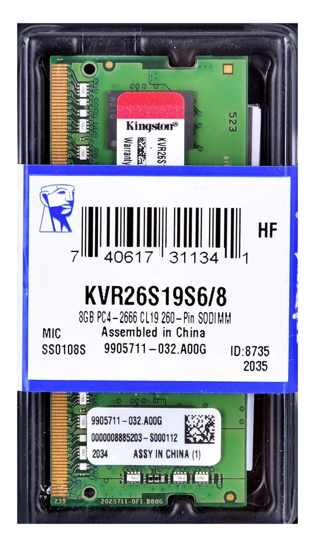 Kingston Technology KVR26S19S6/8 memory module 8 GB 1 x 8 GB DDR4 2666 MT/s 260-pin SO-DIMM