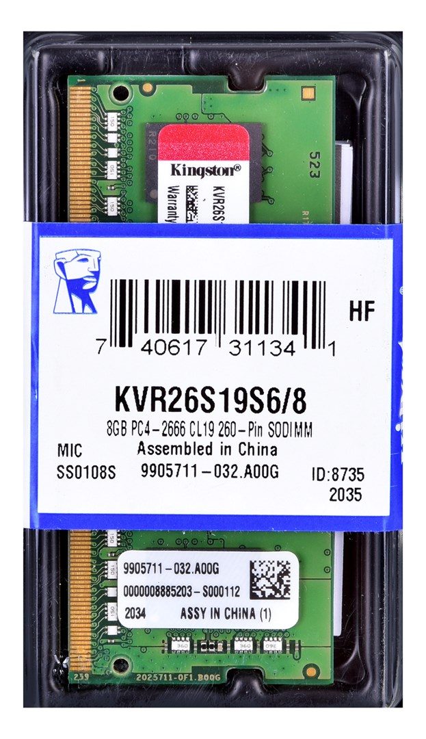 Kingston Technology KVR26S19S6/8 memory module 8 GB 1 x 8 GB DDR4 2666 MT/s 260-pin SO-DIMM