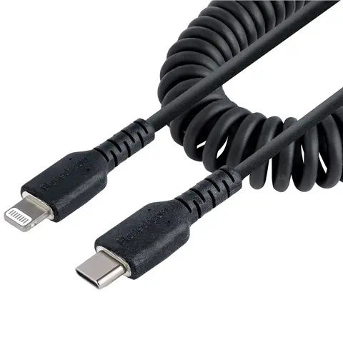 StarTech.com 1m (3ft) USB C to Lightning Cable, MFi Certified, Coiled iPhone Charger Cable, Black, Durable TPE Jacket Aramid Fiber, Heavy Duty Coil Lightning Cable