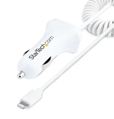 StarTech.com Lightning Car Charger with Coiled Cable, 1m Coiled Lightning Cable, 12W, White, 2 Port USB Car Charger Adapter for Phones and Tablets, Dual USB In Car iPhone Charger