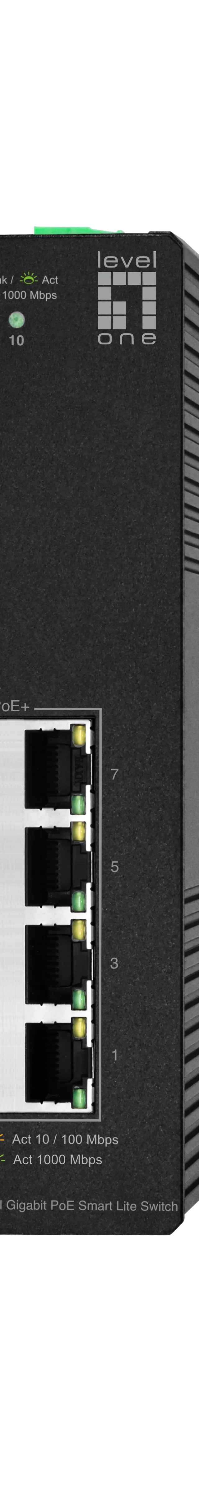 LevelOne Hilbert 10-Port Industrial Gigabit PoE Smart Lite Switch, 2 x SFP, 8 PoE Outputs, 802.3at/af PoE