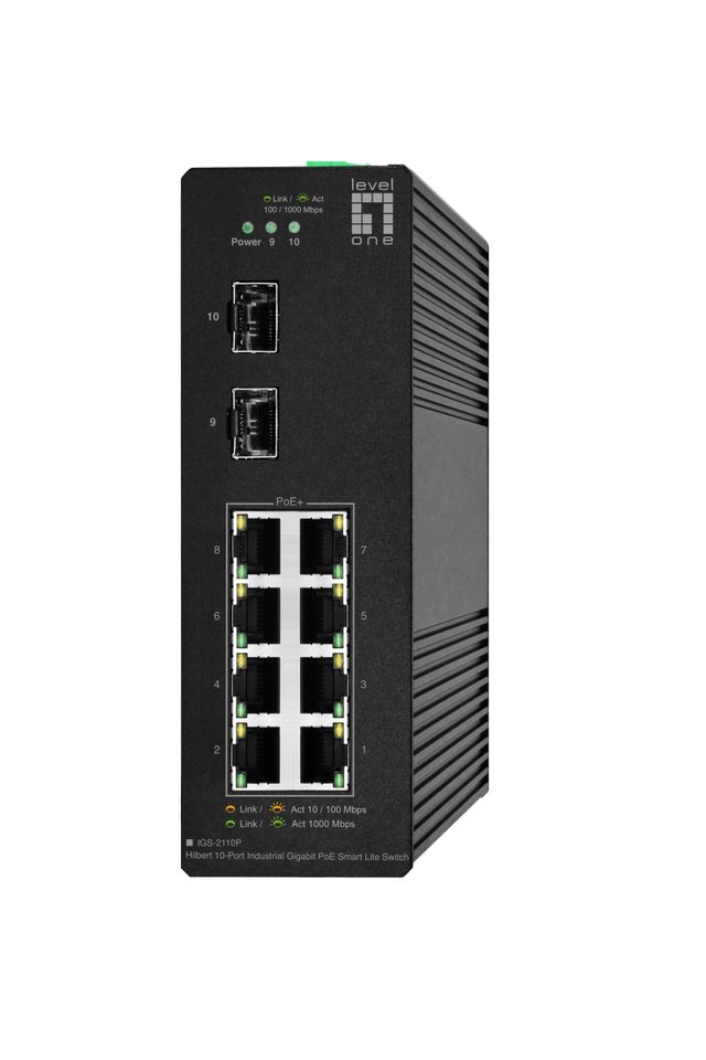 LevelOne Hilbert 10-Port Industrial Gigabit PoE Smart Lite Switch, 2 x SFP, 8 PoE Outputs, 802.3at/af PoE