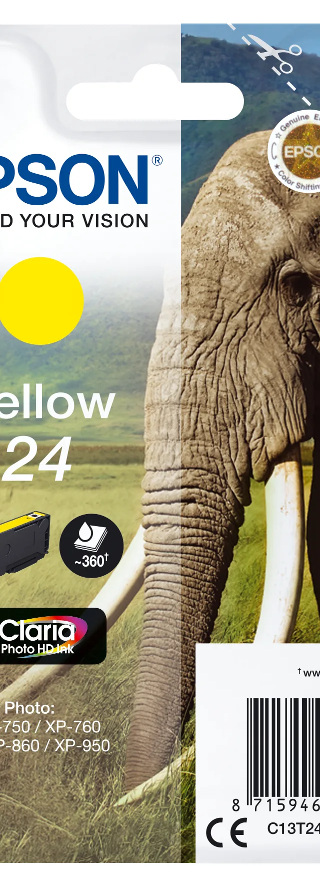 Epson Elephant Singlepack Yellow 24 Claria Photo HD Ink