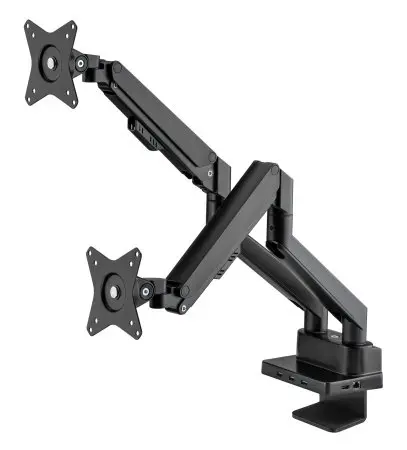 Manhattan Dual Desk Mount for TV & Monitors (Full Motion Gas Spring) with built-in Dock, For screens to 27", Ports (x7): Ethernet,HDMI (x2),USB-A (x3) and USB-C,Power Delivery (100W) to USB-C Port (Separate USB-C wall charger/cable needed),VESA: 75x75 and 100x100mm