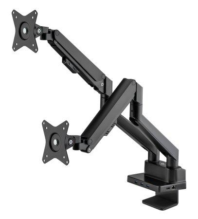 Manhattan Dual Desk Mount for TV & Monitors (Full Motion Gas Spring) with built-in Dock, For screens to 27", Ports (x7): Ethernet,HDMI (x2),USB-A (x3) and USB-C,Power Delivery (100W) to USB-C Port (Separate USB-C wall charger/cable needed),VESA: 75x75 and 100x100mm