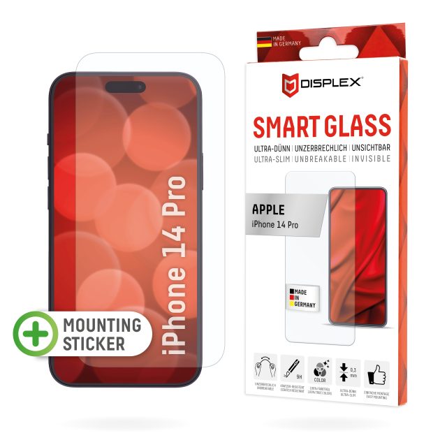 Displex Smart Glass (9H) for Apple iPhone 14 Pro, Mounting Sticker, unbreakable, ultra-slim, invisible