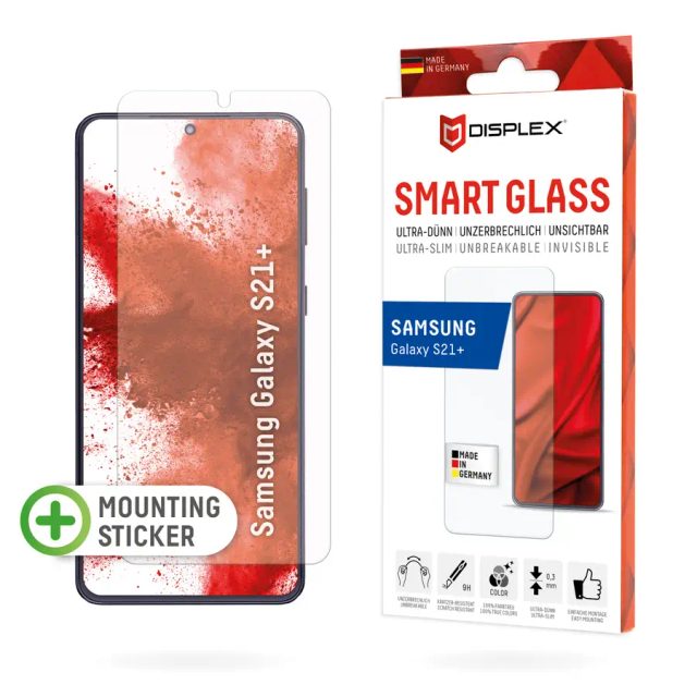 Displex Smart Glass (9H) for Samsung Galaxy S21+, Mounting Sticker, unbreakable, ultra-slim, invisible