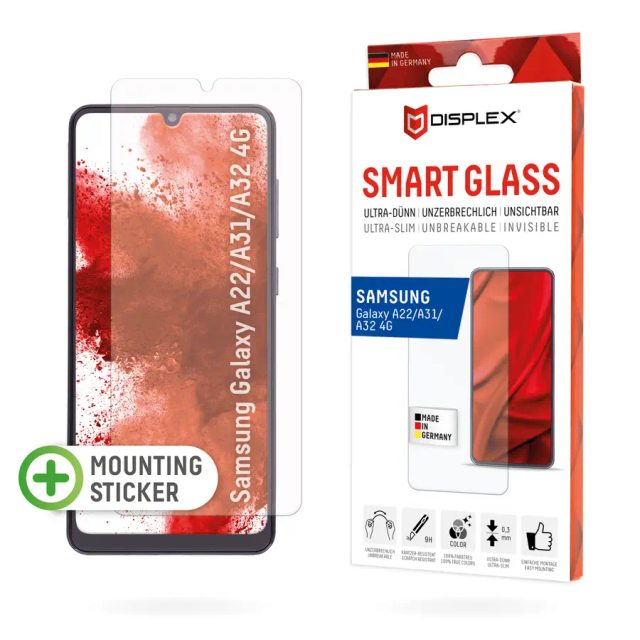 Displex Smart Glass (9H) for Samsung Galaxy A22/A31/A32 4G, Mounting Sticker, unbreakable, ultra-slim, invisible