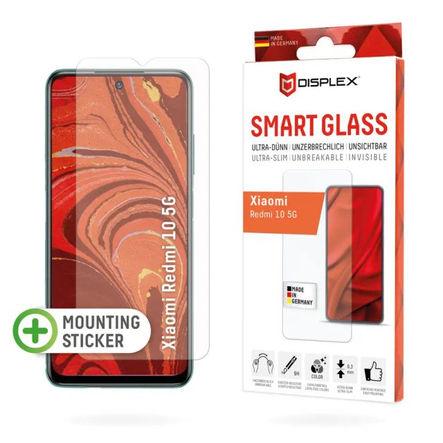 Displex Smart Glass (9H) for Xiaomi Redmi 10 5G, Mounting Sticker, unbreakable, ultra-slim, invisible