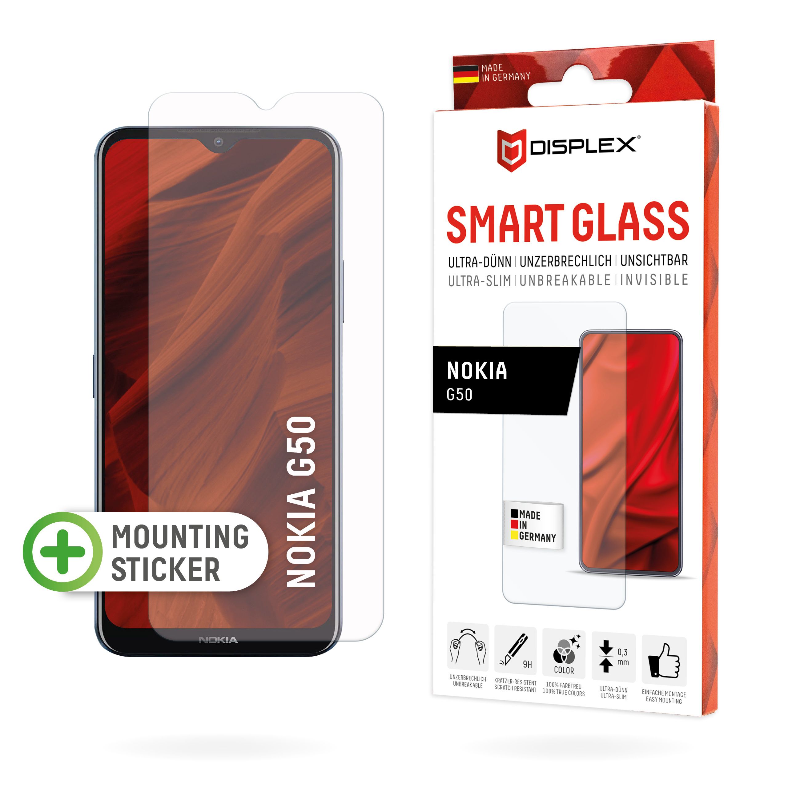 Displex Smart Glass (9H) for G50, Mounting Sticker, unbreakable, ultra-slim, invisible