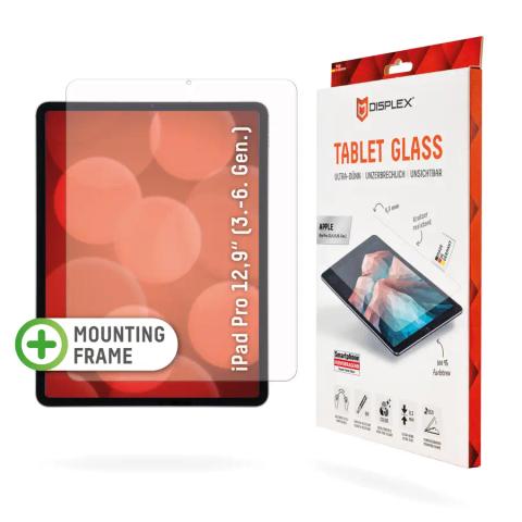 Displex Tablet Glass (9H) for Apple iPad Pro 12,9'' (3./4./5./6. Gen.), Eco Mounting Frame, unbreakable, ultra-slim, invisible