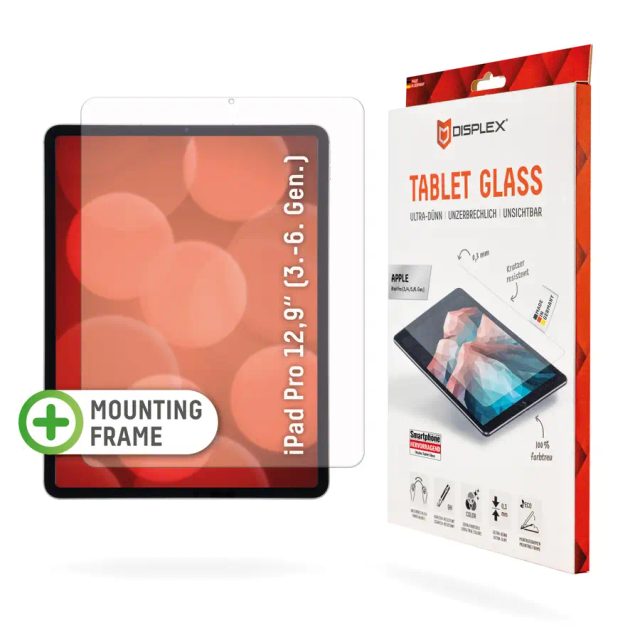 Displex Tablet Glass (9H) for Apple iPad Pro 12,9'' (3./4./5./6. Gen.), Eco Mounting Frame, unbreakable, ultra-slim, invisible
