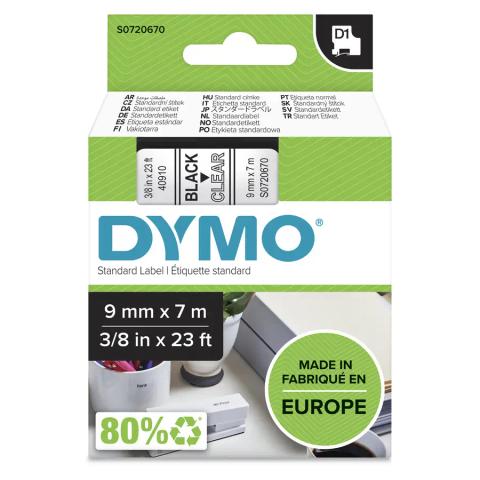DYMO Authentic D1 Labels | Black Print on Clear Tape | 9 mm x 7 m | Self-Adhesive Labels for LabelManager Label Makers | Made in Europe