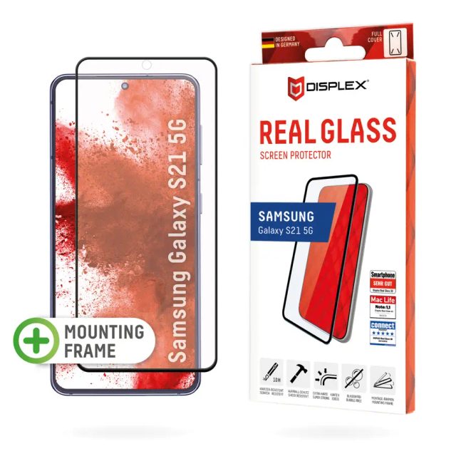 Displex Full Cover Screen Protector (10H) for Samsung Galaxy S21 5G, Eco Mounting Frame, full screen coverage, Tempered Glass, scratch resistant protective film, case friendly