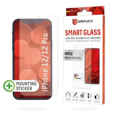 Displex Smart Glass (9H) for Apple iPhone 12/12 Pro, Mounting Sticker, unbreakable, ultra-slim, invisible